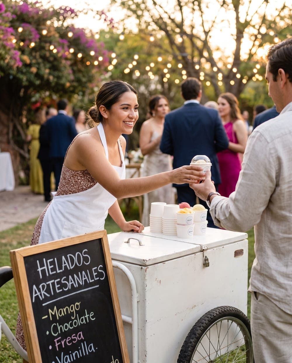 Carrito de helado artesanal de Happy Station en una boda al aire libre en Saltillo