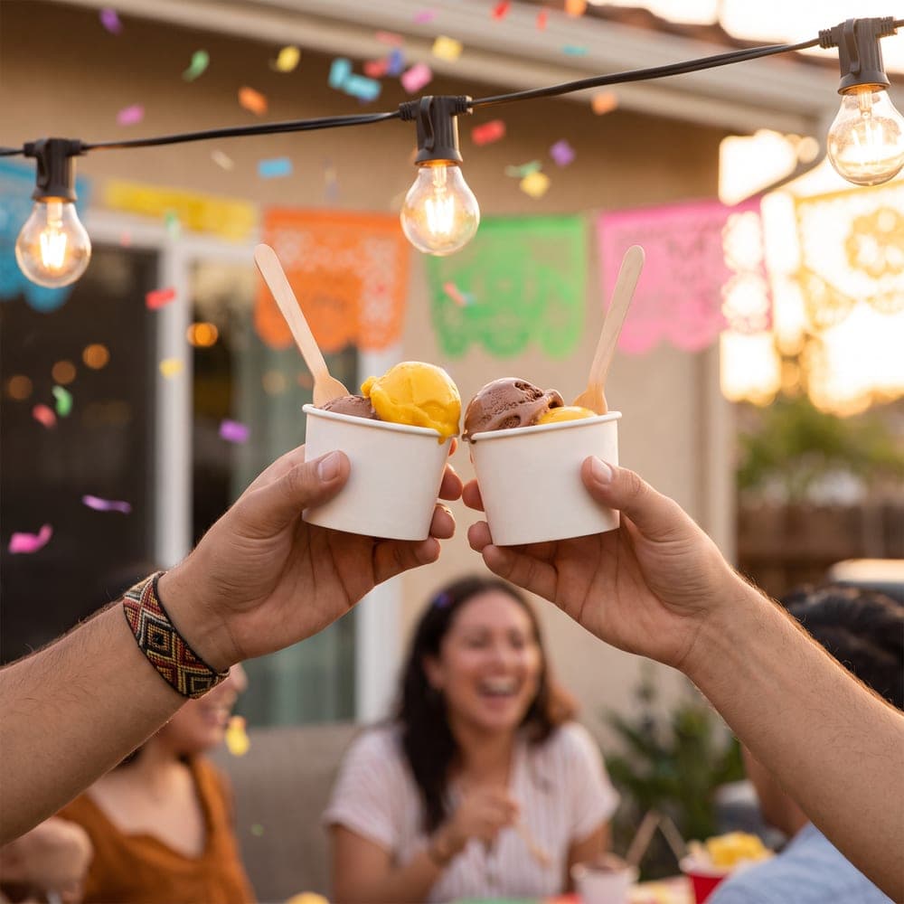 Invitados brindando con helado en vaso de 6 oz en una fiesta en Saltillo