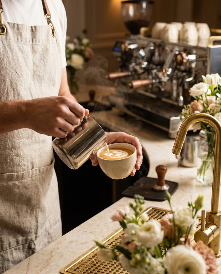 Barista sirviendo latte art en un evento