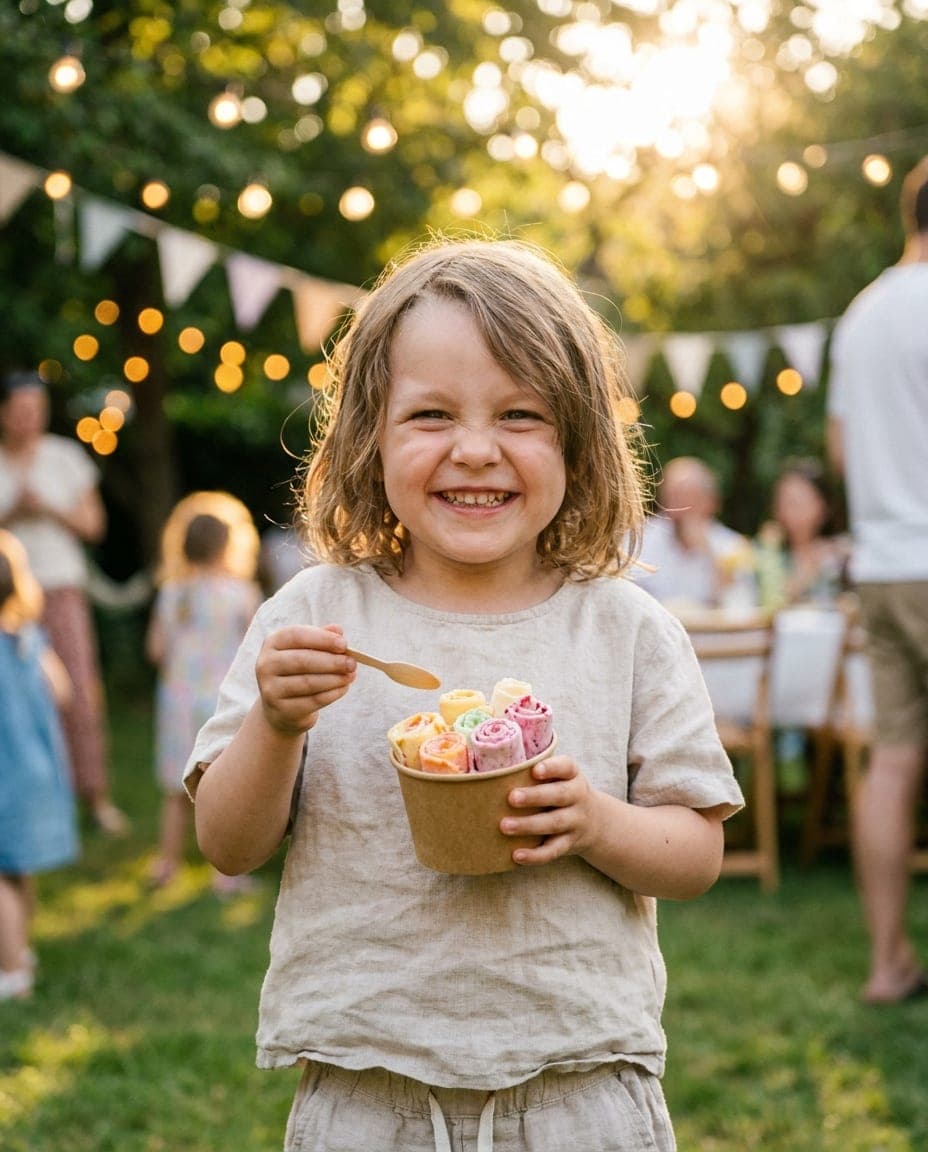 Niño feliz con su vasito de helado en una fiesta