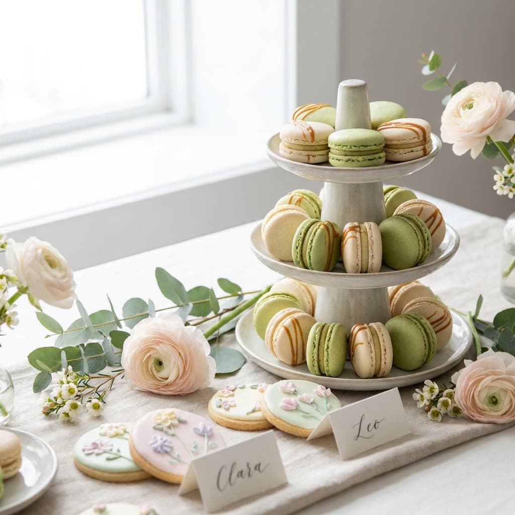 Detalle de mesa de postres con macarons y galletas decoradas