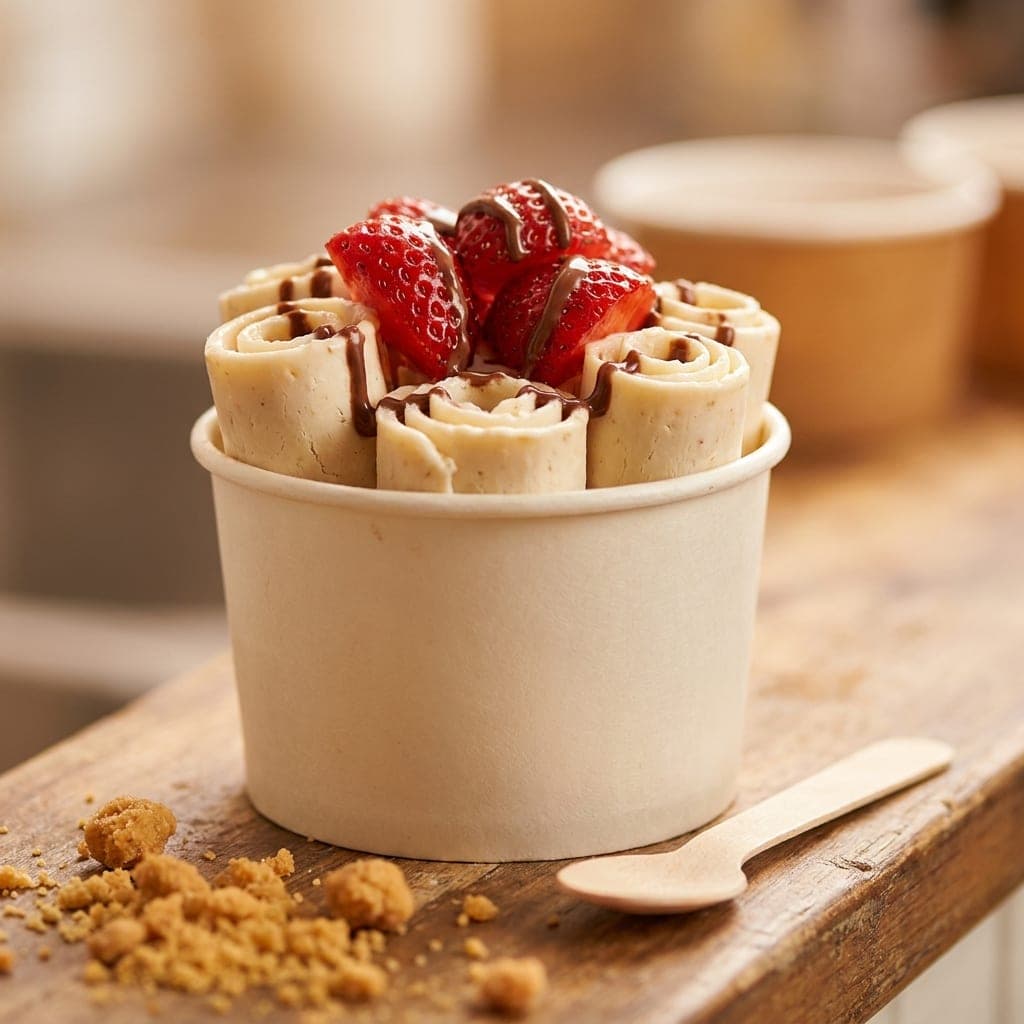 Rollos de helado tailandés recién hechos con fresa y chocolate
